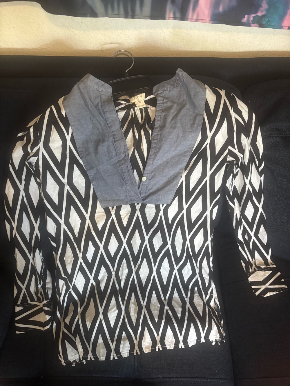 J. Crew Black & White Geometric Long-Sleeve Tunic with Chambray Collar